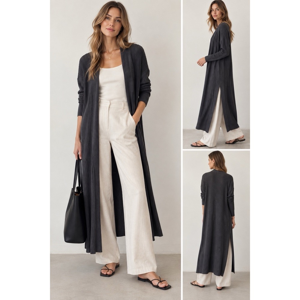 Mersea Long Ribbed Cardigan S/M Gray Open Front Duster Side Slits Minimalist